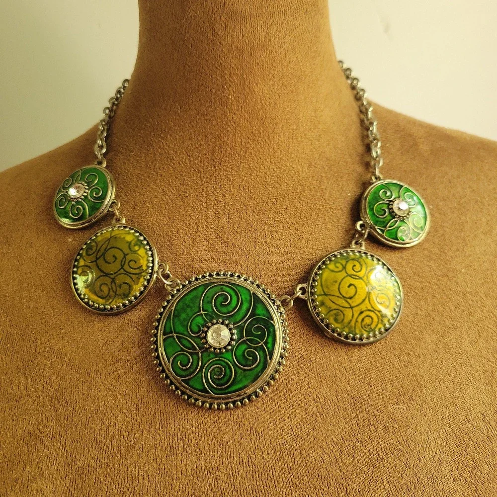 Green Yellow Enamel Swirl Medallion Statement Necklace Silver Tone  Cottagecore